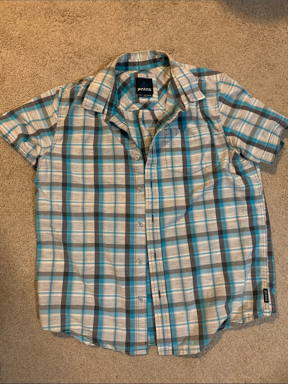 Prana Men’s Short Sleeve Plaid Button-Up Shirt — baby blue & Gray